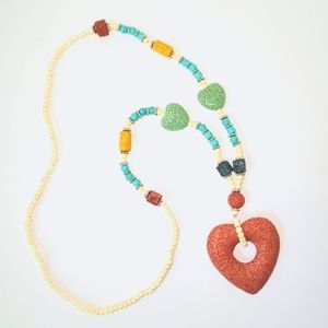 Lava/Howlite, Boho Heart,Statement Necklace w/Red Pendant & Silvertone Accent